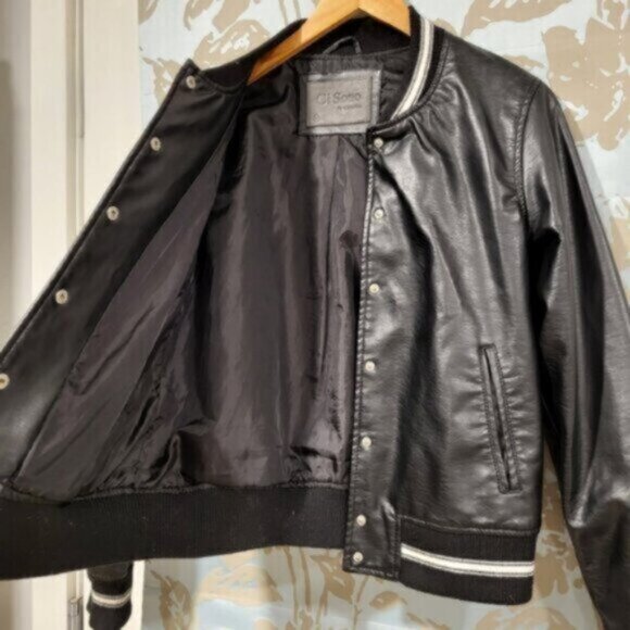 Faux Leather Bomber Jacket Black Ci Sono Size Medium - Picture 4 of 11